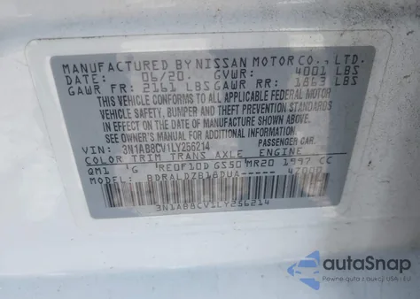 2020 Nissan Sentra Sv Xtronic Cvt из США, поврежденный, VIN 3N1AB8CV1LY256214